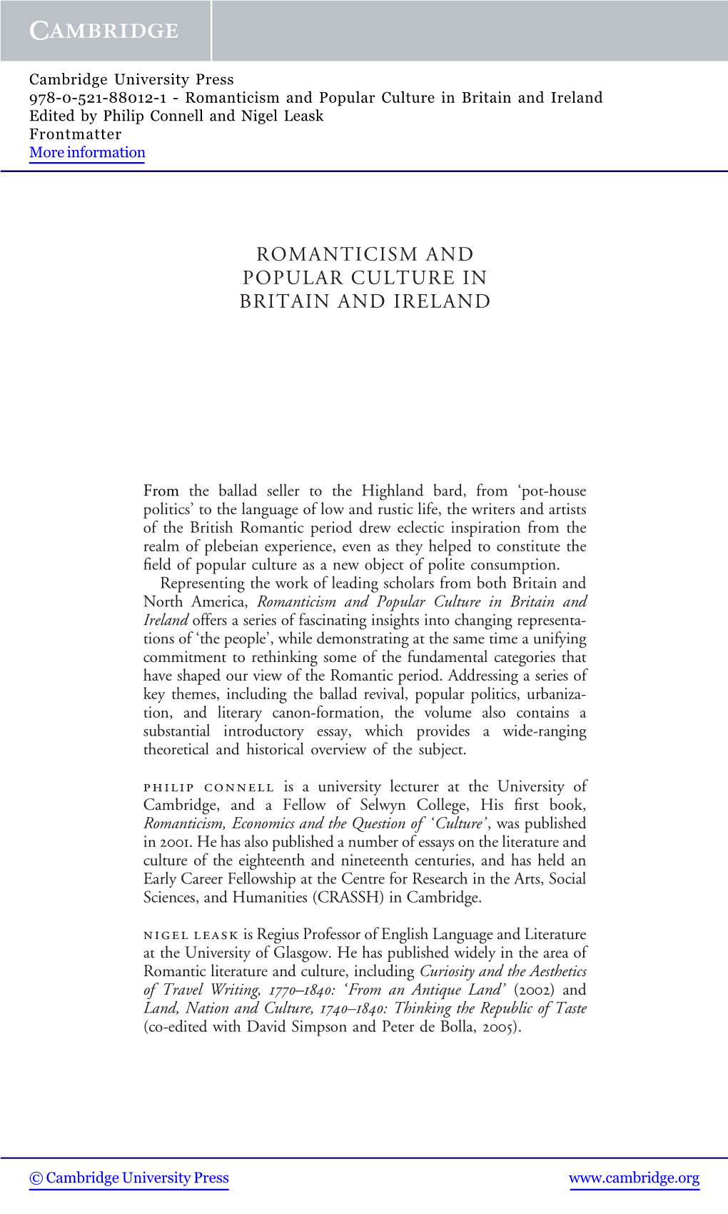 Romanticism and Popular Culture in Britain and Ireland Edited by Philip Connell and Nigel Leask Frontmatter More Information