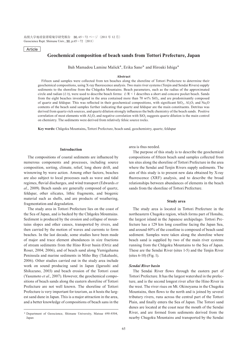 Geochemical Composition of Beach Sands from Tottori Prefecture, Japan