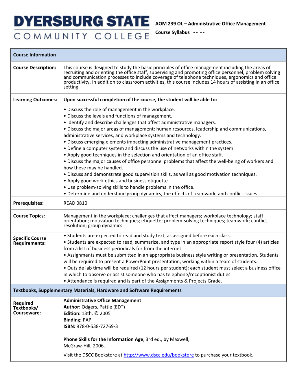 Administrative Office Management Course Syllabus ‐ ‐ ‐ ‐