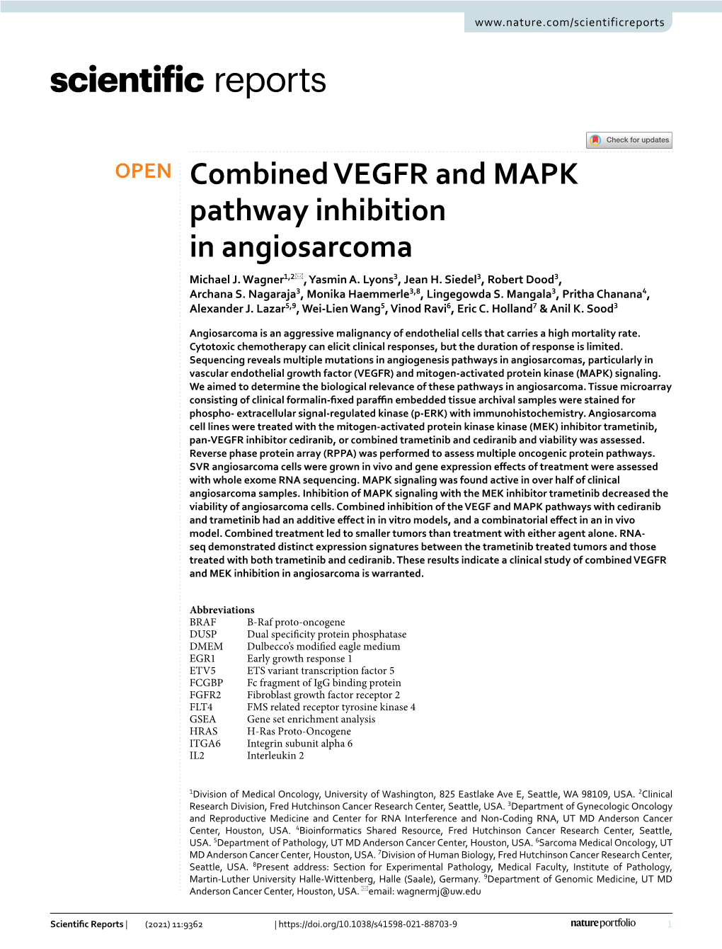 Combined VEGFR and MAPK Pathway Inhibition in Angiosarcoma Michael J