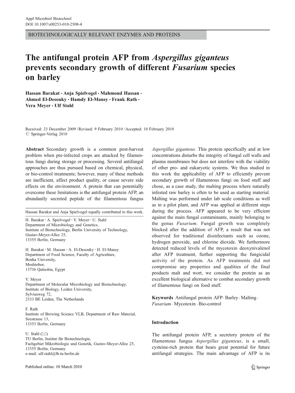 The Antifungal Protein AFP from Aspergillus Giganteus Prevents Secondary Growth of Different Fusarium Species on Barley