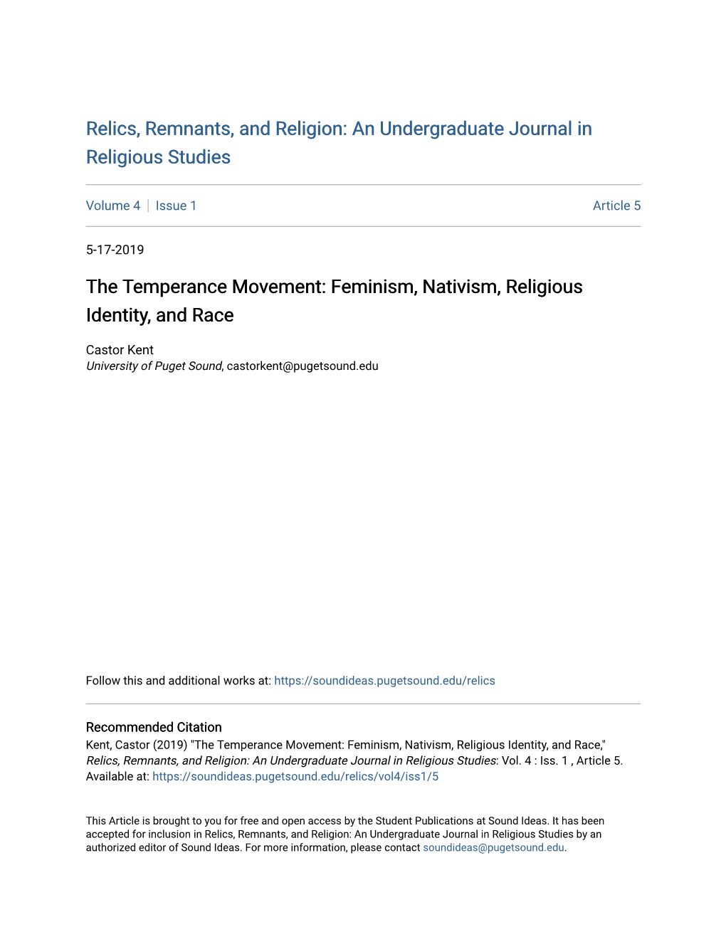 The Temperance Movement: Feminism, Nativism, Religious Identity, and Race