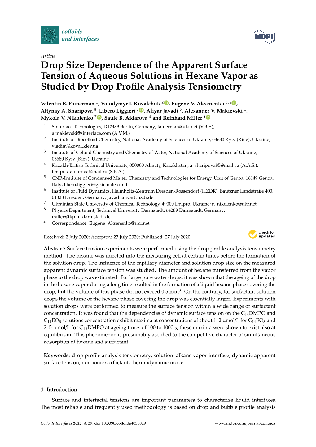 Drop Size Dependence of the Apparent Surface Tension of Aqueous Solutions in Hexane Vapor As Studied by Drop Proﬁle Analysis Tensiometry