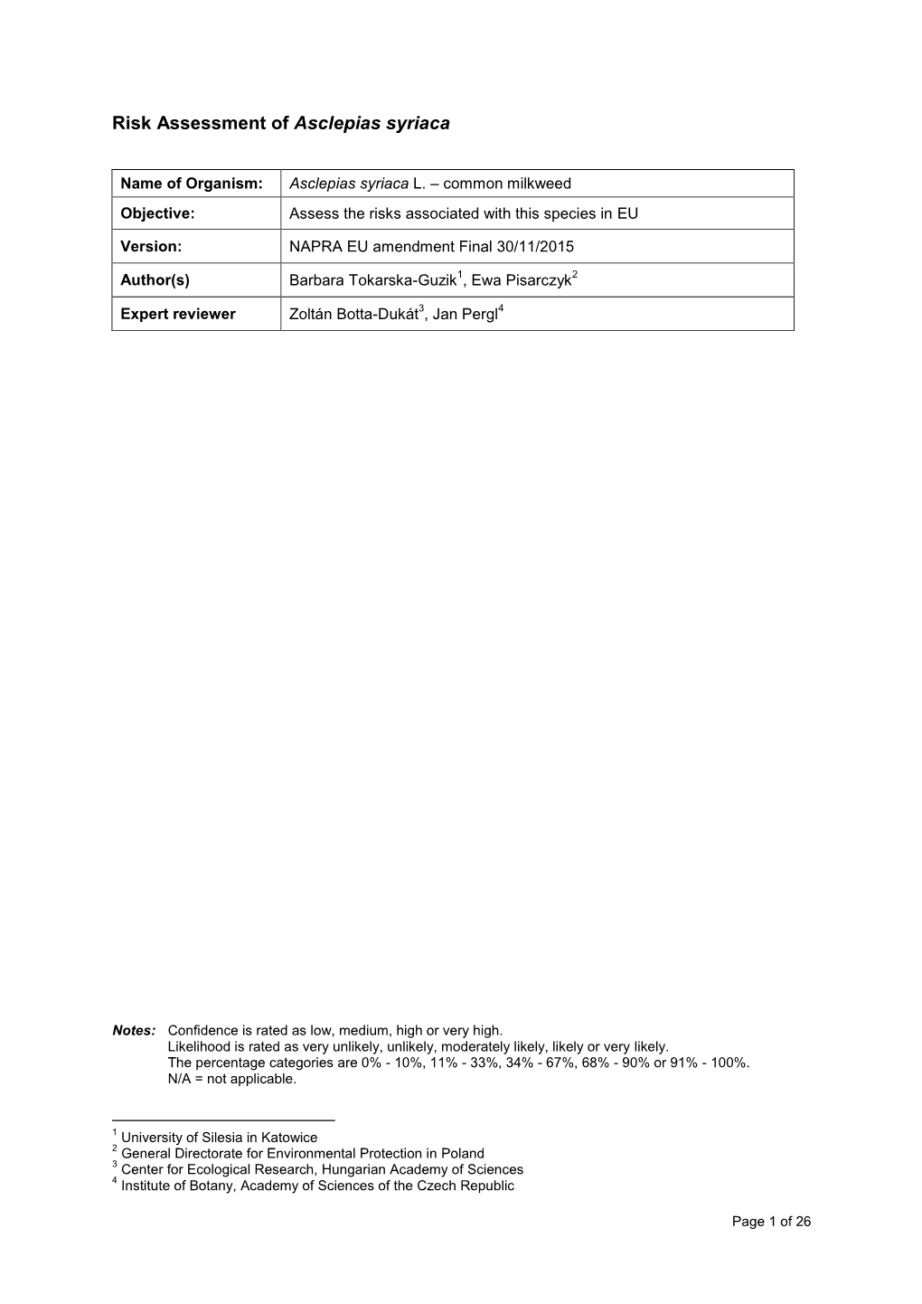 Risk Assessment of Asclepias Syriaca