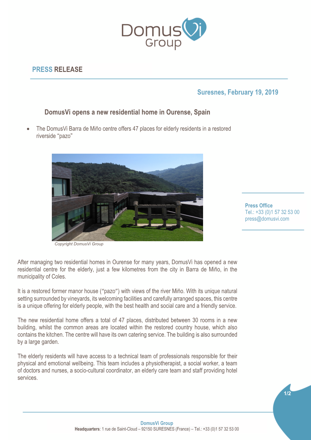 Press Release-Domusvi Opens a New Residential Home in Ourense, Spain
