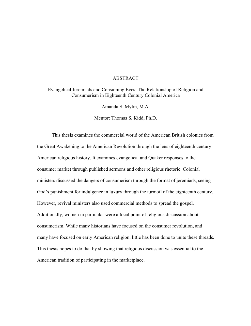 The Relationship of Religion and Consumerism in Eighteenth Century Colonial America