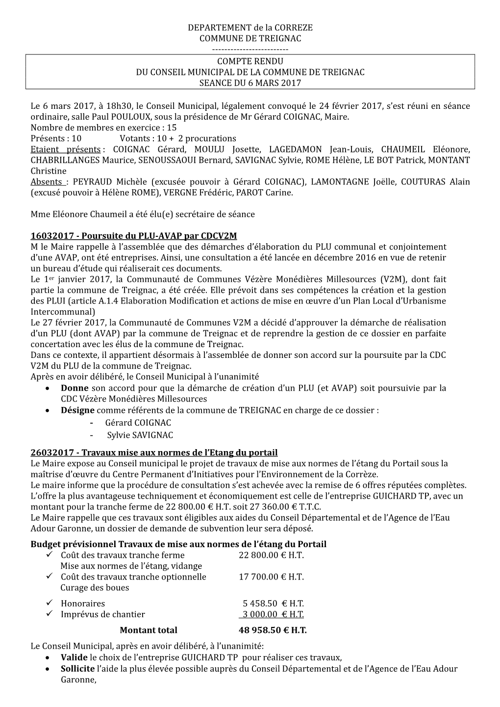 Compte Rendu Du Conseil Municipal De La Commune De Treignac Seance Du 6 Mars 2017