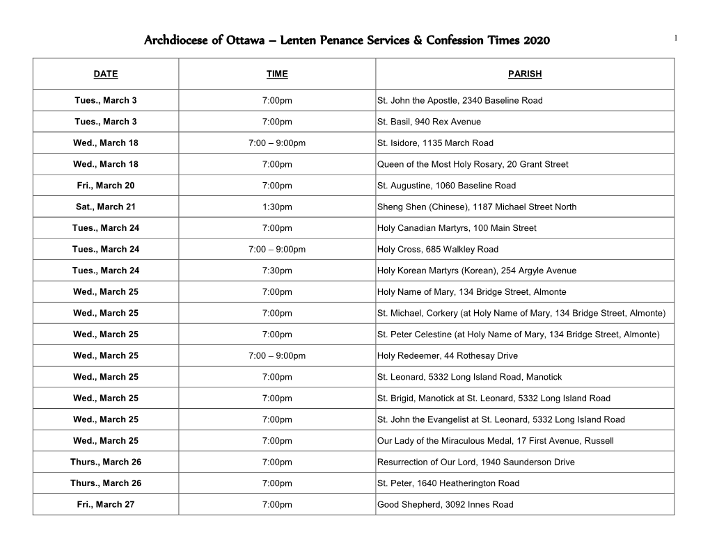 Lenten Penance Services & Confession Times 2020