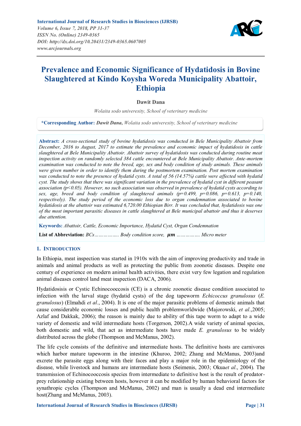 Prevalence and Economic Significance of Hydatidosis in Bovine Slaughtered at Kindo Koysha Woreda Municipality Abattoir, Ethiopia