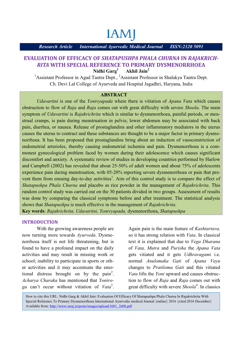 Evaluation of Efficacy of Shatapushpa Phala Churna in Rajakrichrita With