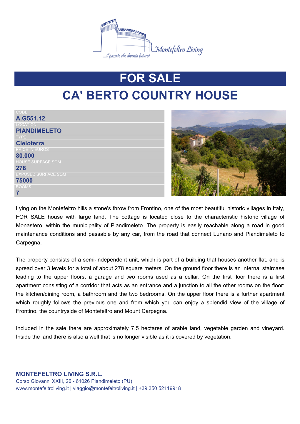 For Sale Ca' Berto Country House