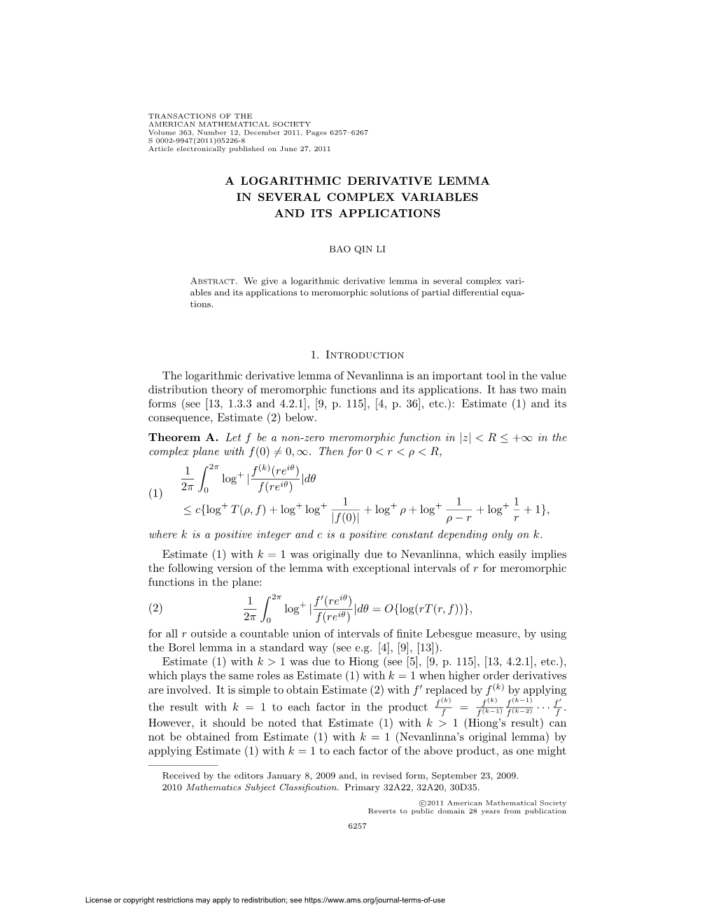 A Logarithmic Derivative Lemma in Several Complex Variables and Its Applications