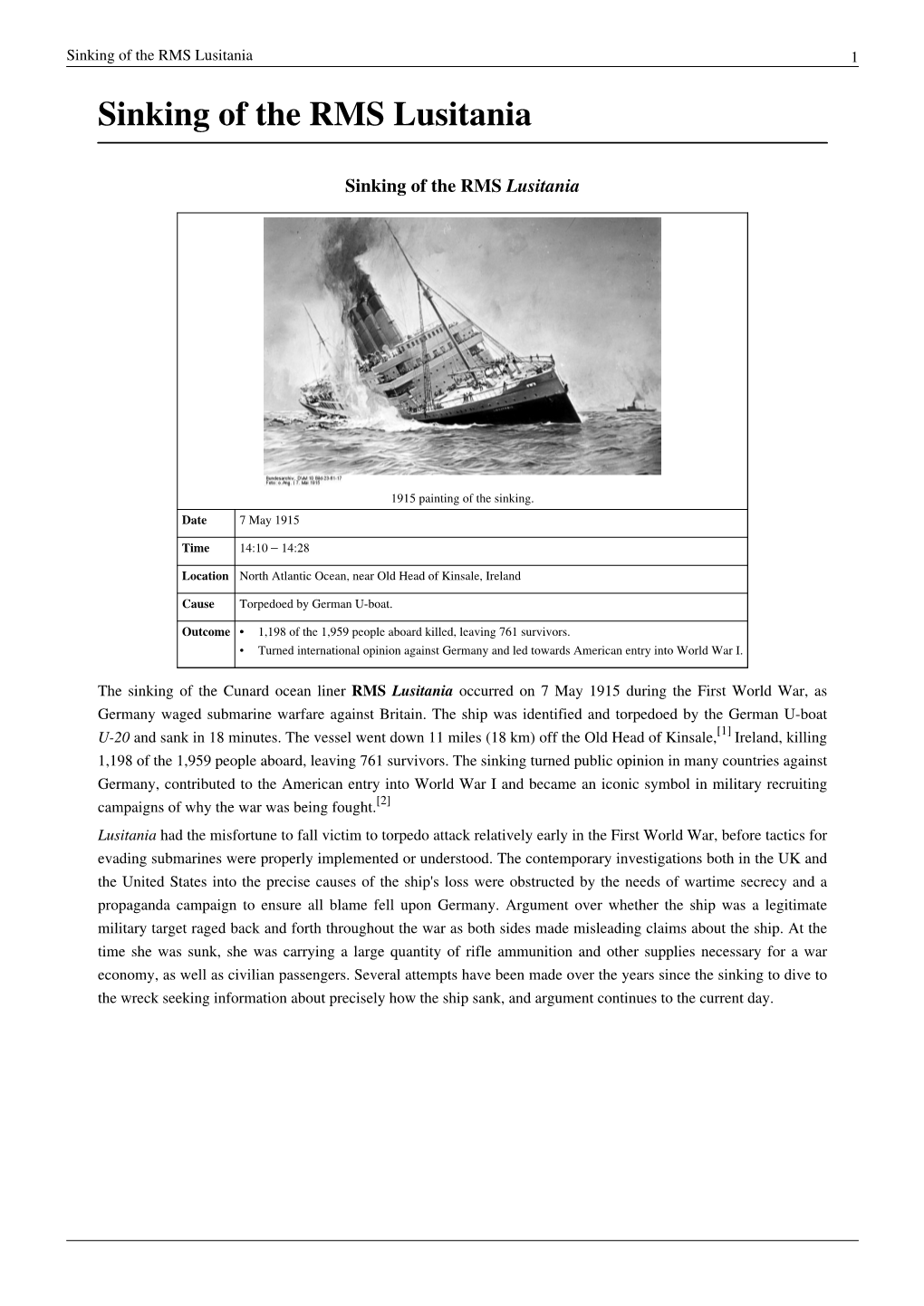 Sinking of the RMS Lusitania 1 Sinking of the RMS Lusitania