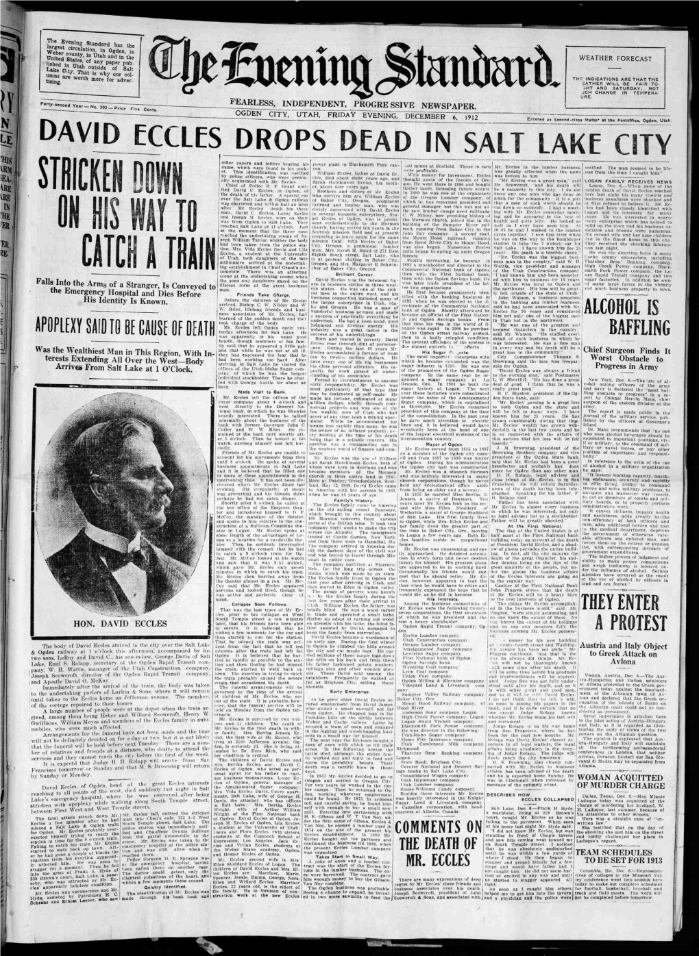 DAV,D ECCLES DROPS DEAD in SALT LAKE CITY