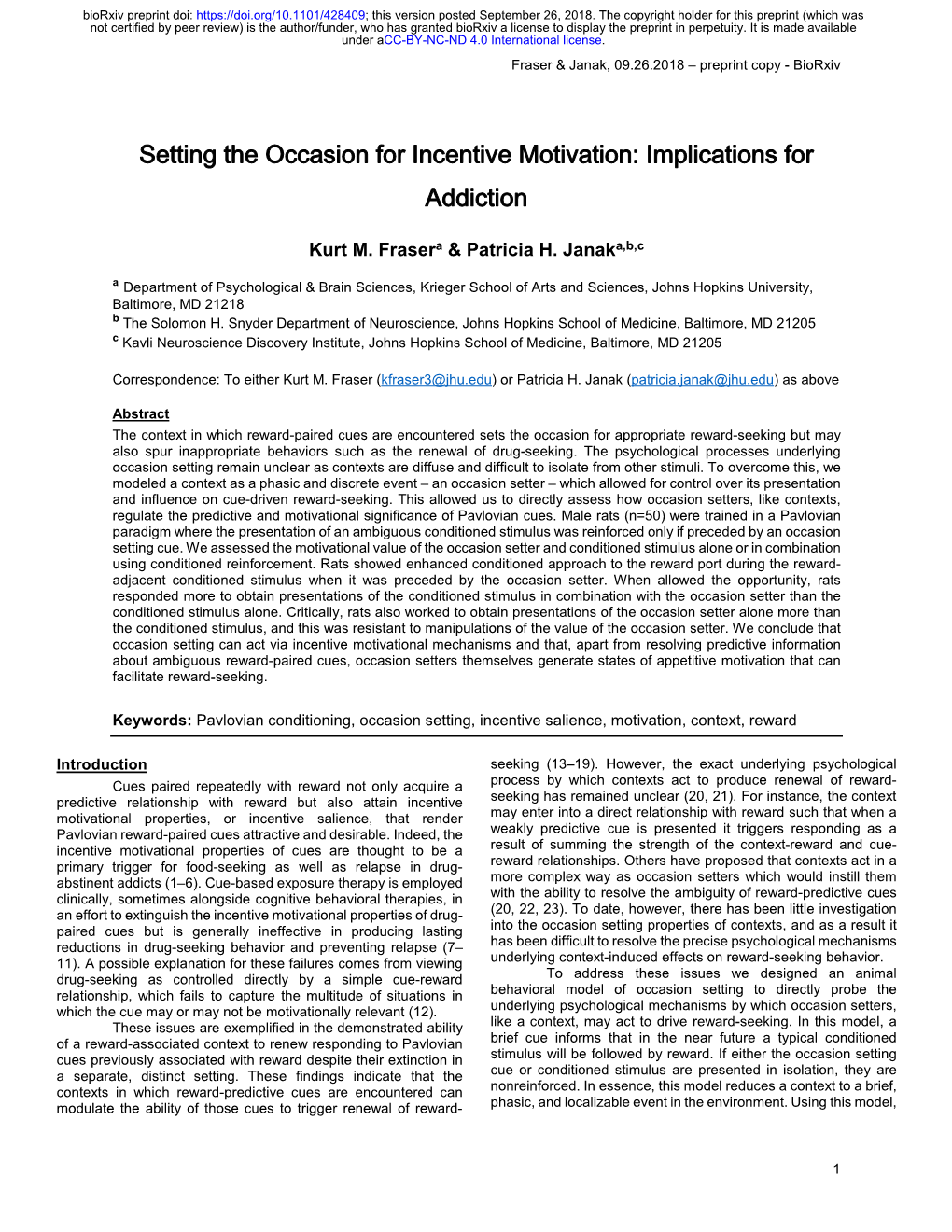Setting the Occasion for Incentive Motivation: Implications for Addiction