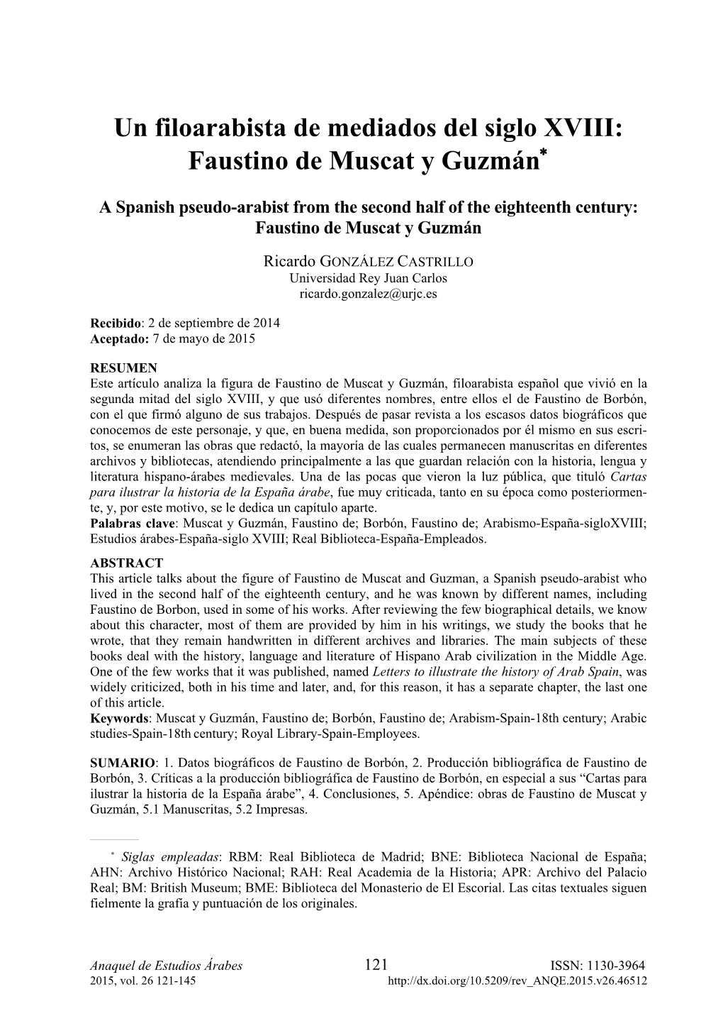 Un Filoarabista De Mediados Del Siglo XVIII: Faustino De Muscat Y Guzmán