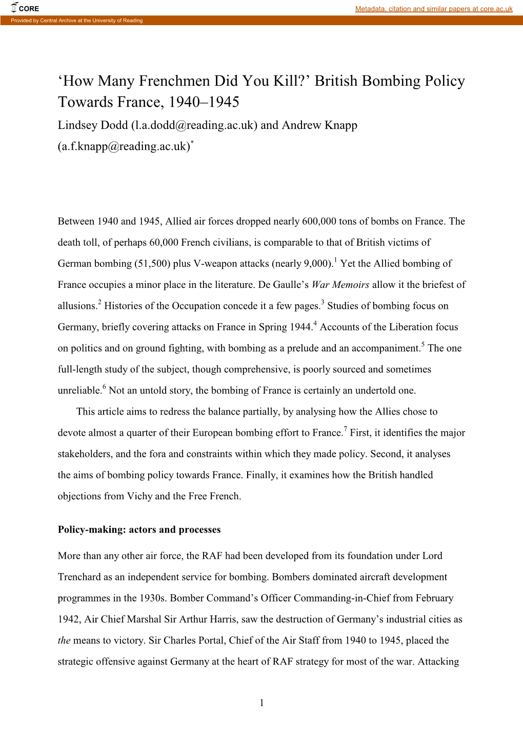 British Bombing Policy Towards France, 1940–1945 Lindsey Dodd (L.A.Dodd@Reading.Ac.Uk) and Andrew Knapp (A.F.Knapp@Reading.Ac.Uk)*