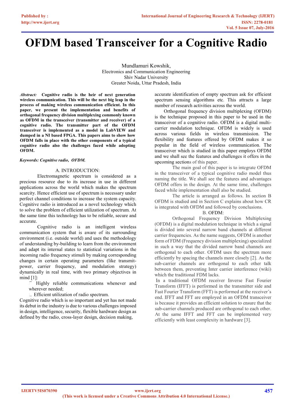 OFDM Based Transceiver for a Cognitive Radio