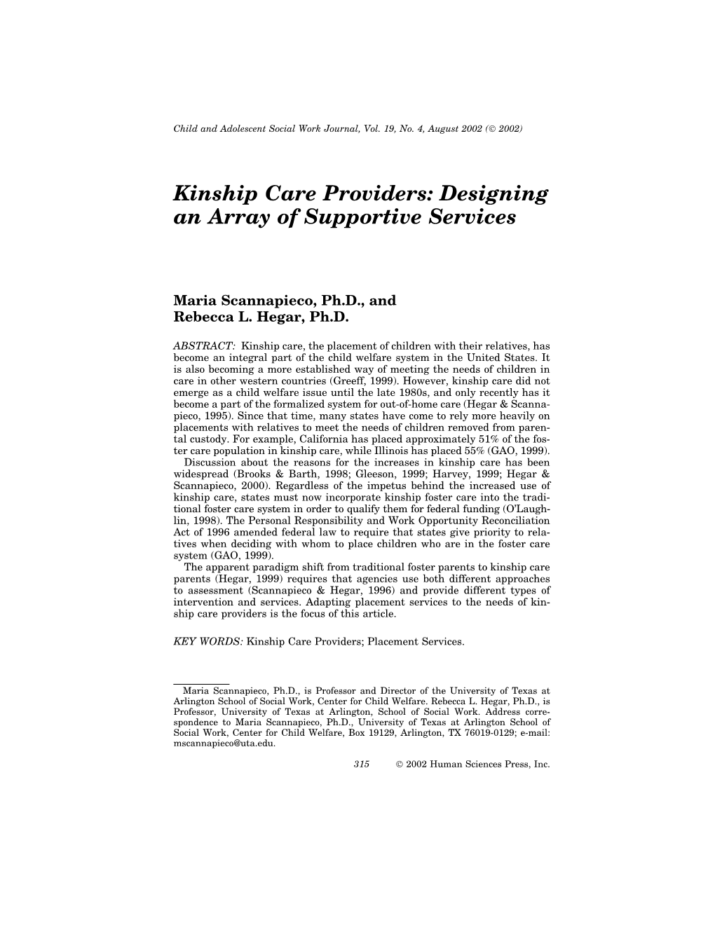 Kinship Care Providers: Designing an Array of Supportive Services