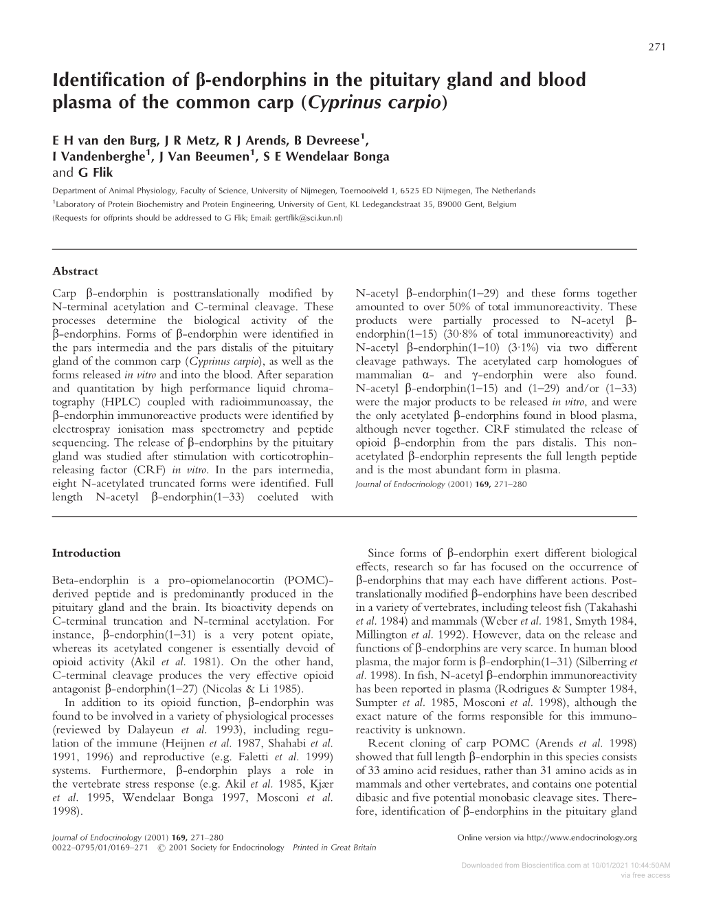 Identification of Β-Endorphins in the Pituitary Gland and Blood Plasma Of