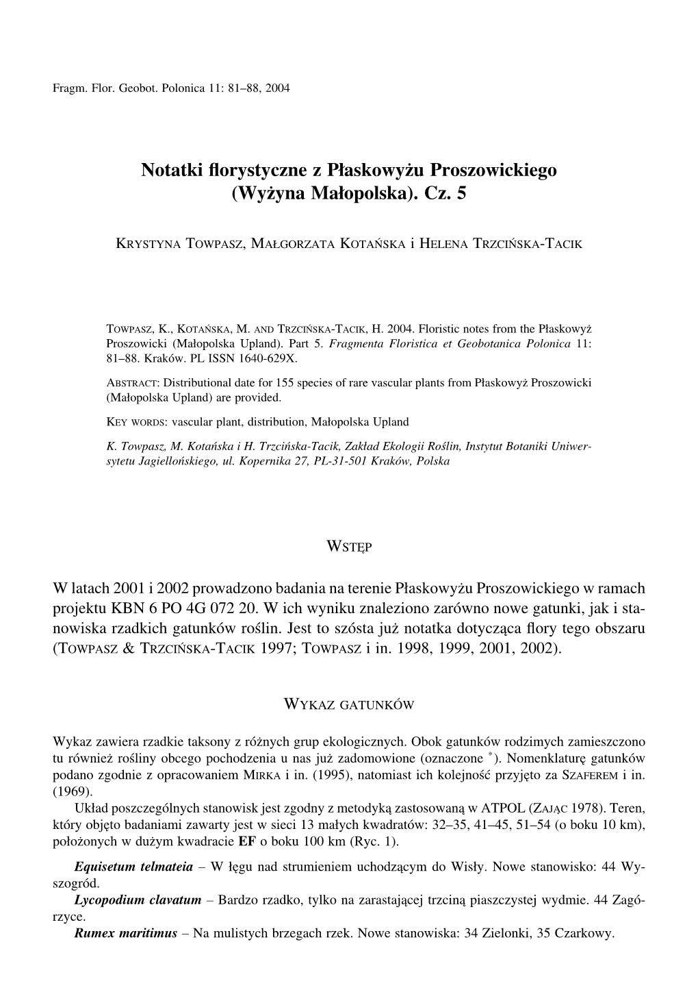 Notatki Florystyczne Z Płaskowyżu Proszowickiego (Wyżyna Małopolska). Cz. 5