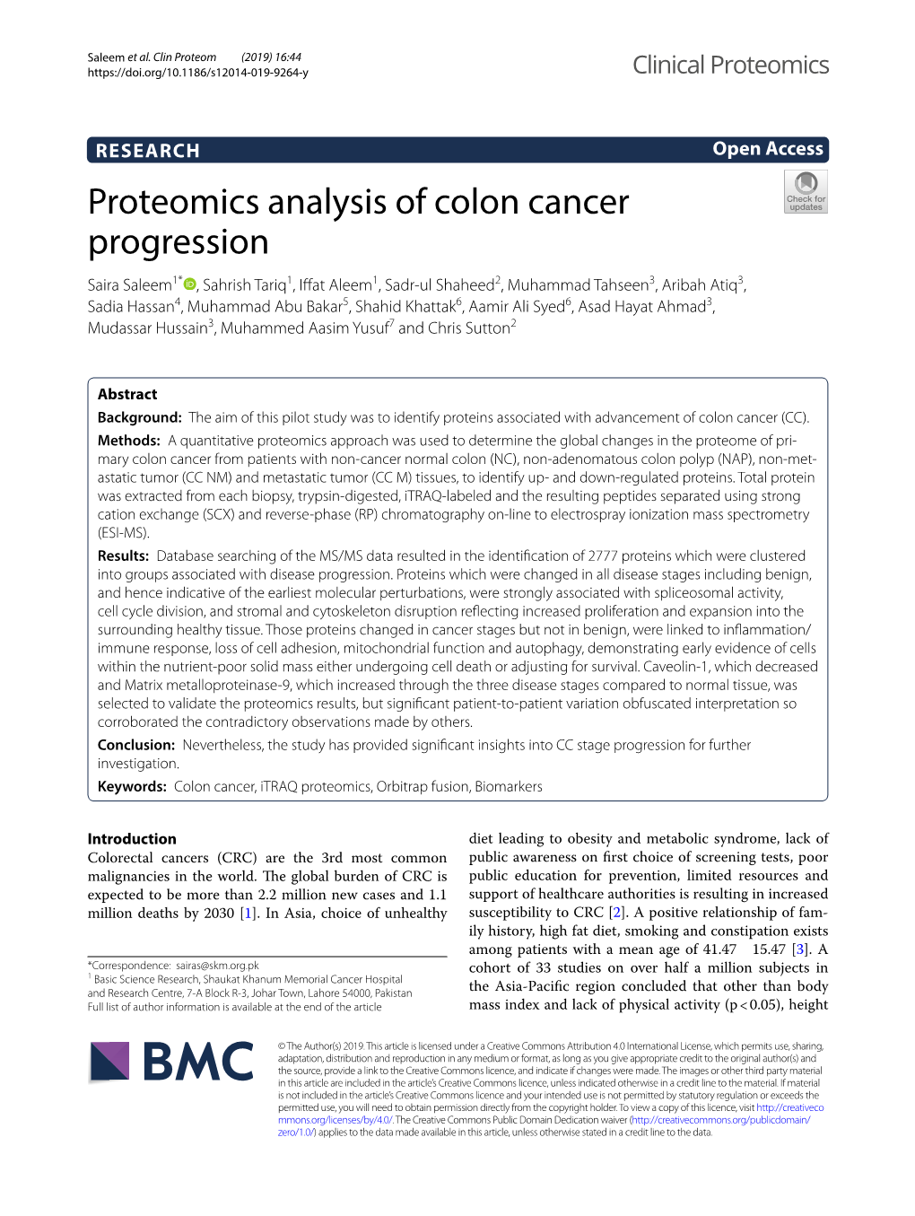 Proteomics Analysis of Colon Cancer Progression