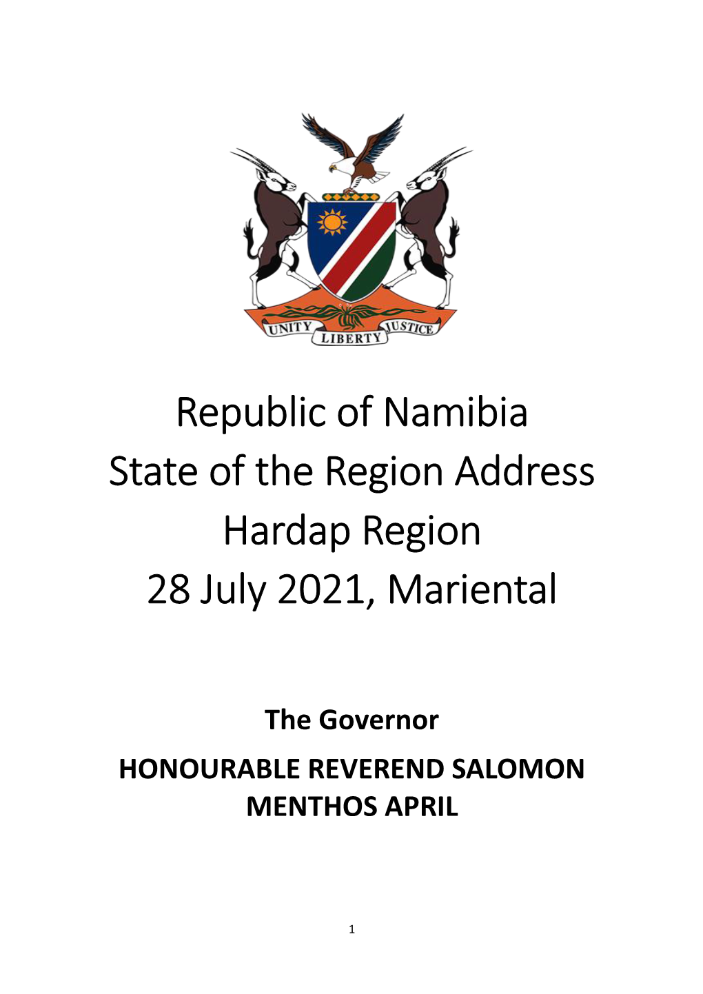 Republic of Namibia State of the Region Address Hardap Region 28 July 2021, Mariental