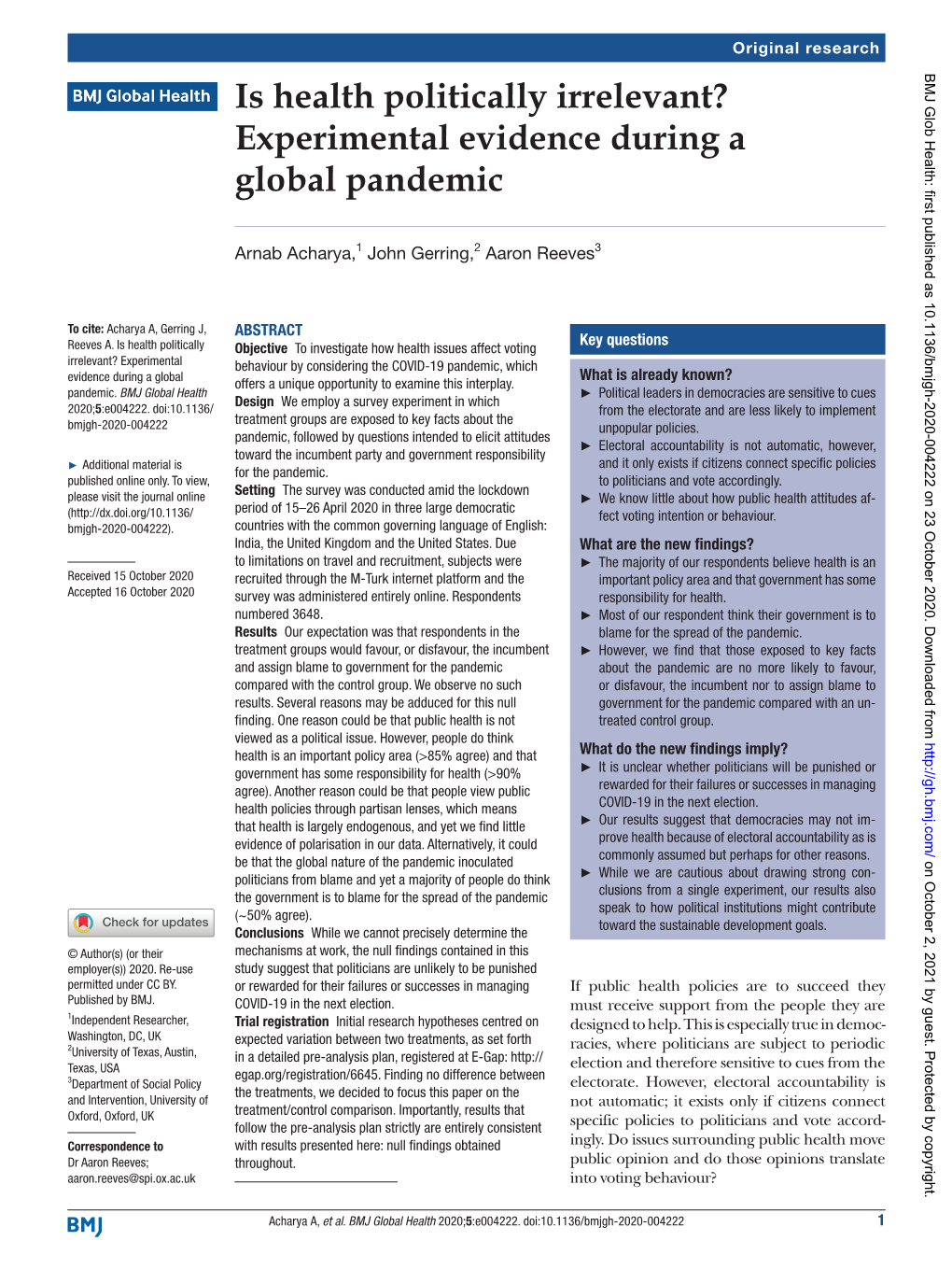 Experimental Evidence During a Global Pandemic