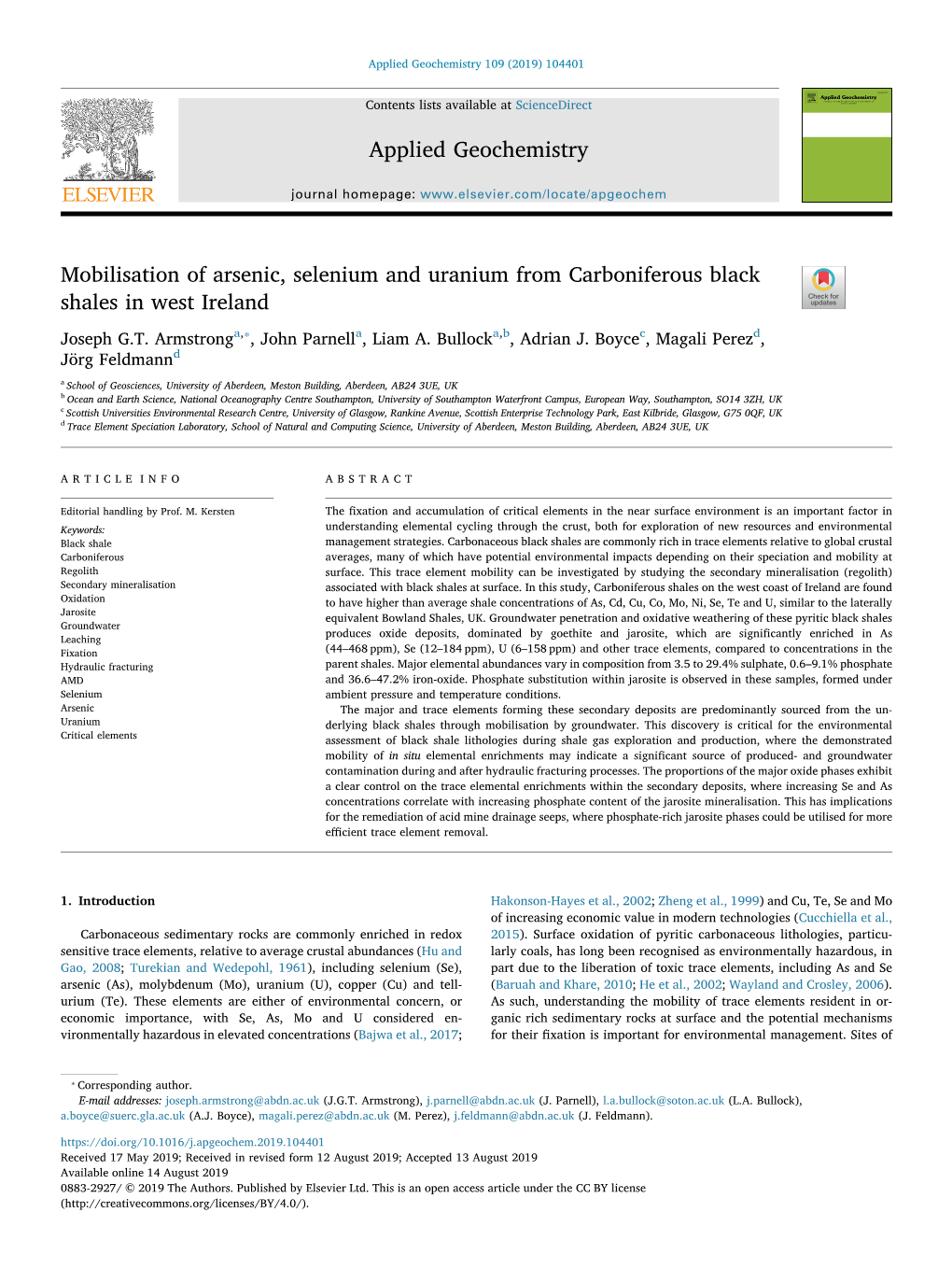 Mobilisation of Arsenic, Selenium and Uranium from Carboniferous Black Shales in West Ireland T ⁎ Joseph G.T