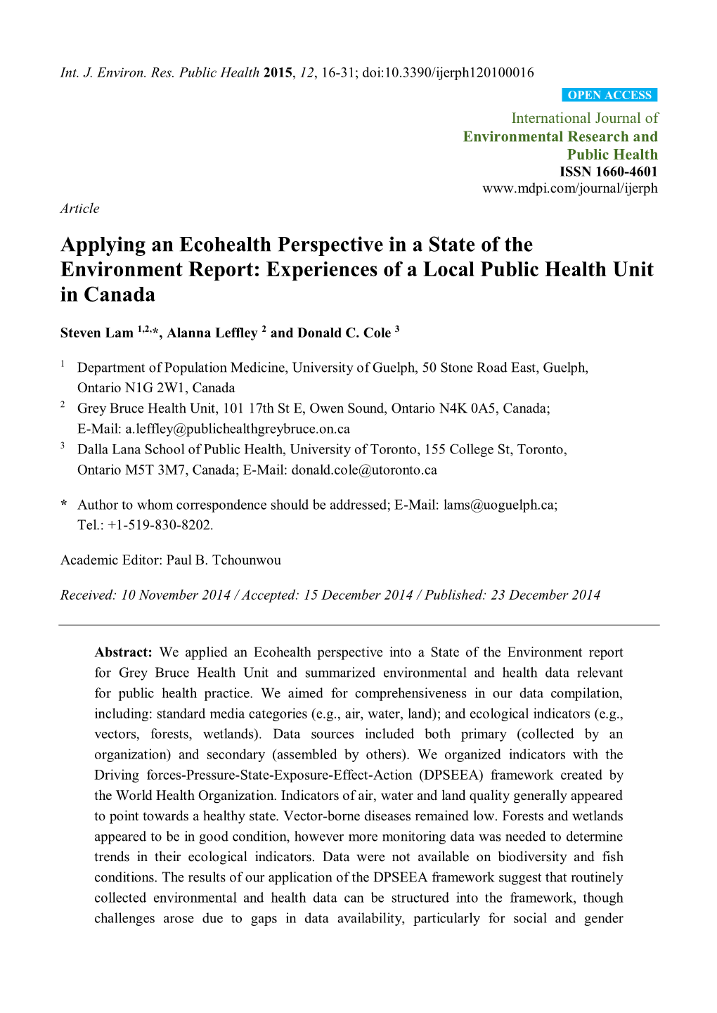 Applying an Ecohealth Perspective in a State of the Environment Report: Experiences of a Local Public Health Unit in Canada