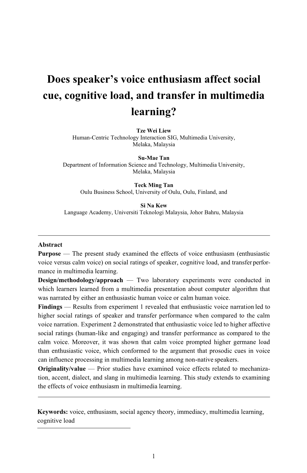 Does Speaker's Voice Enthusiasm Affect Social Cue, Cognitive Load, and Transfer in Multimedia Learning?