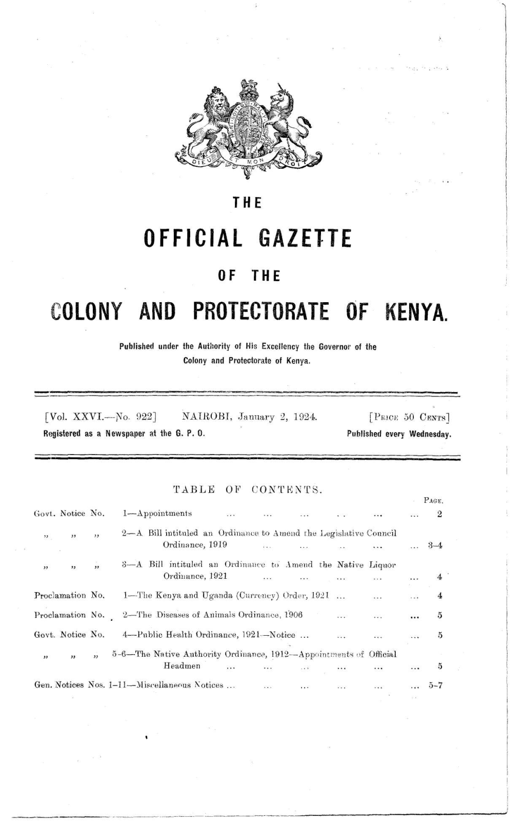 Official Gazette Colony and Protectorate of Kenya