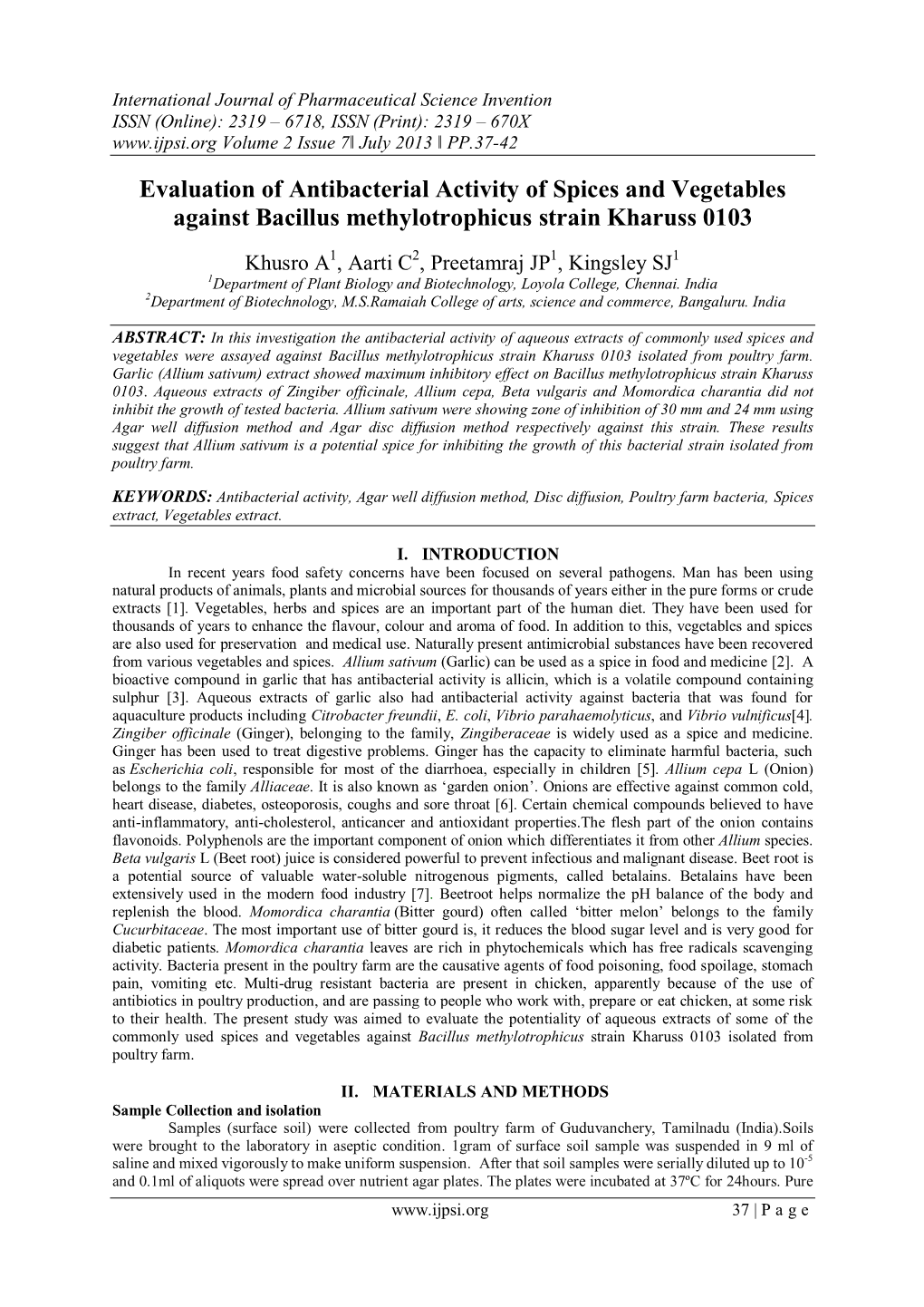 Evaluation of Antibacterial Activity of Spices and Vegetables Against Bacillus Methylotrophicus Strain Kharuss 0103