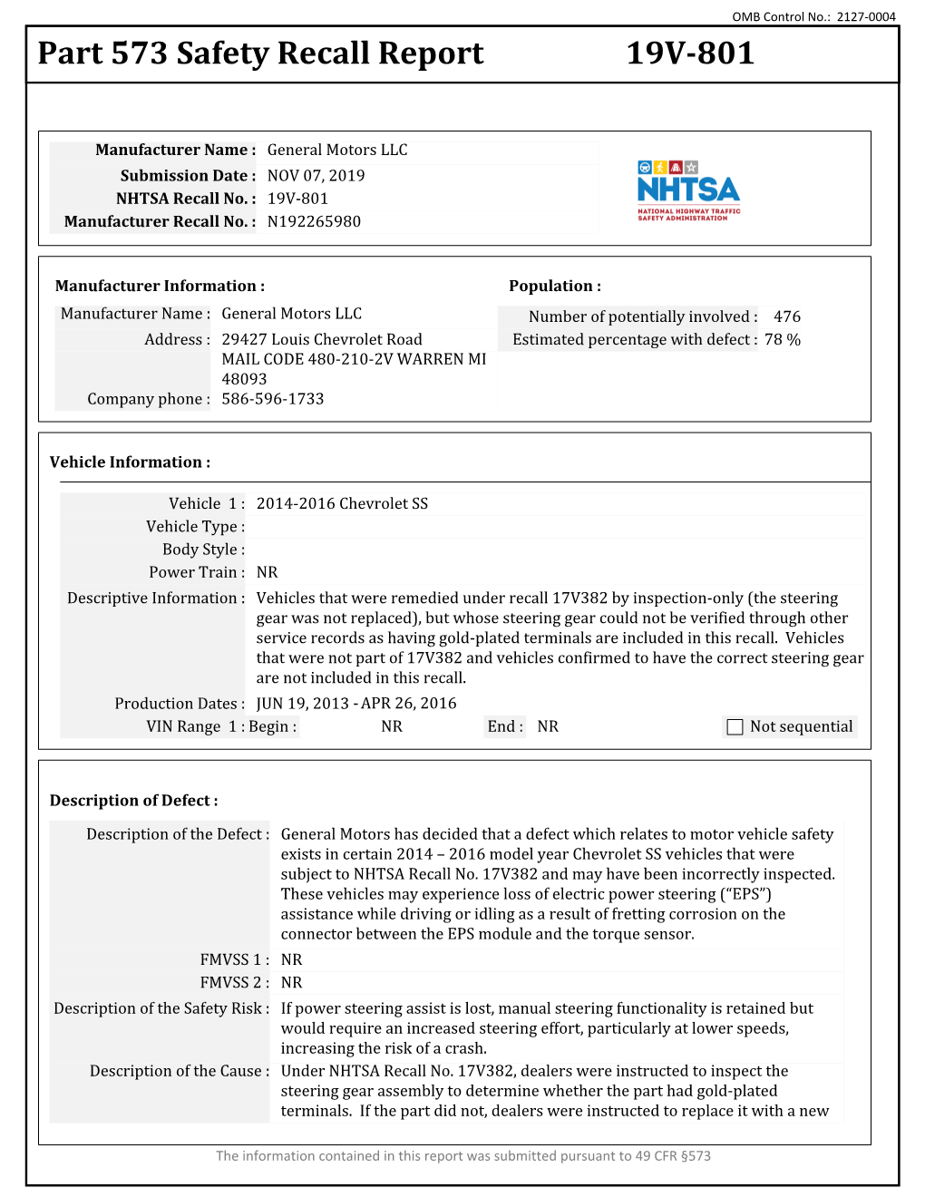 Part 573 Safety Recall Report 19V-801