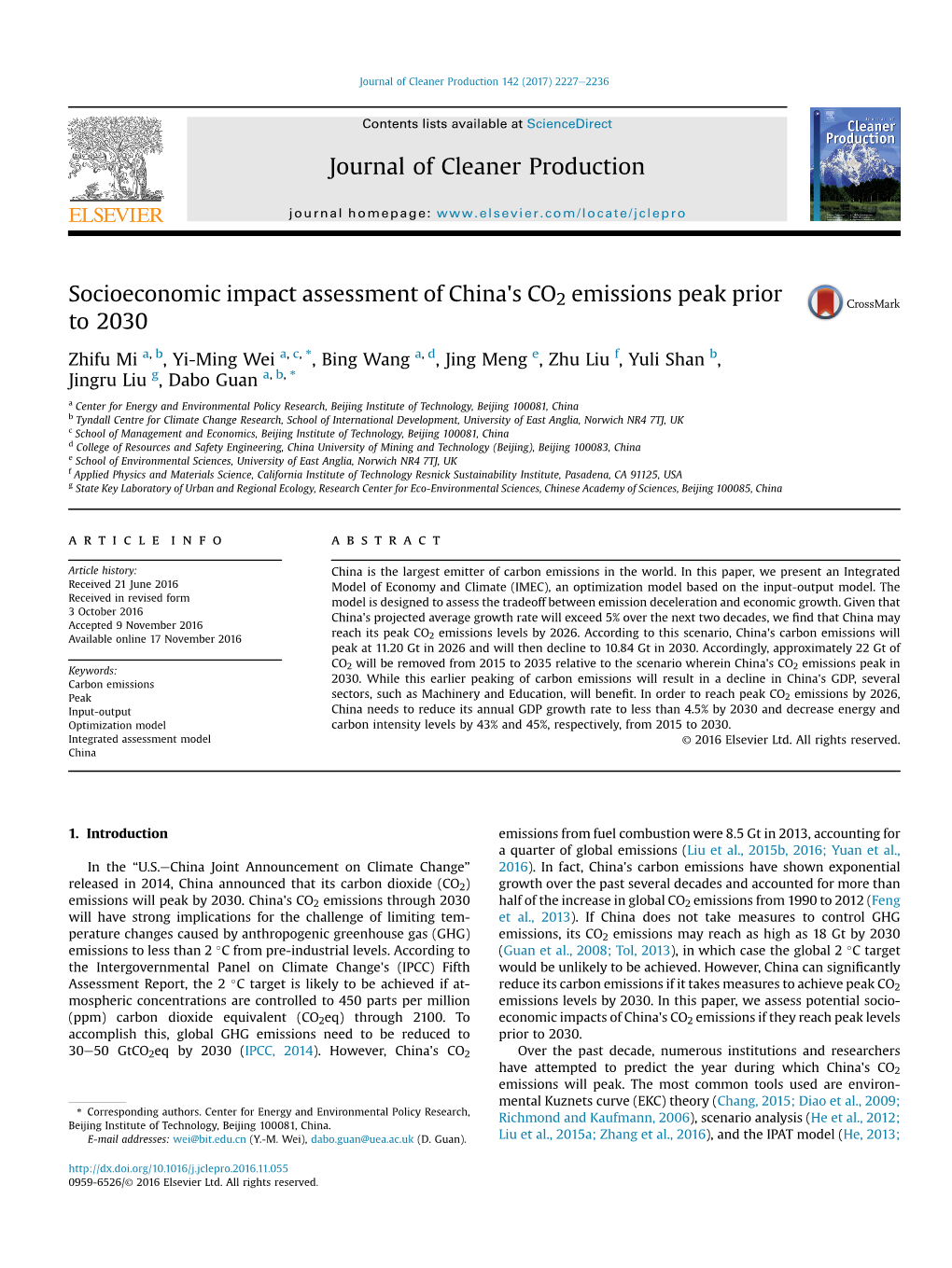 Socioeconomic Impact Assessment of China's CO2 Emissions Peak Prior to 2030