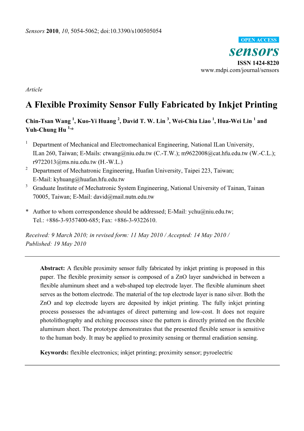 A Flexible Proximity Sensor Fully Fabricated by Inkjet Printing