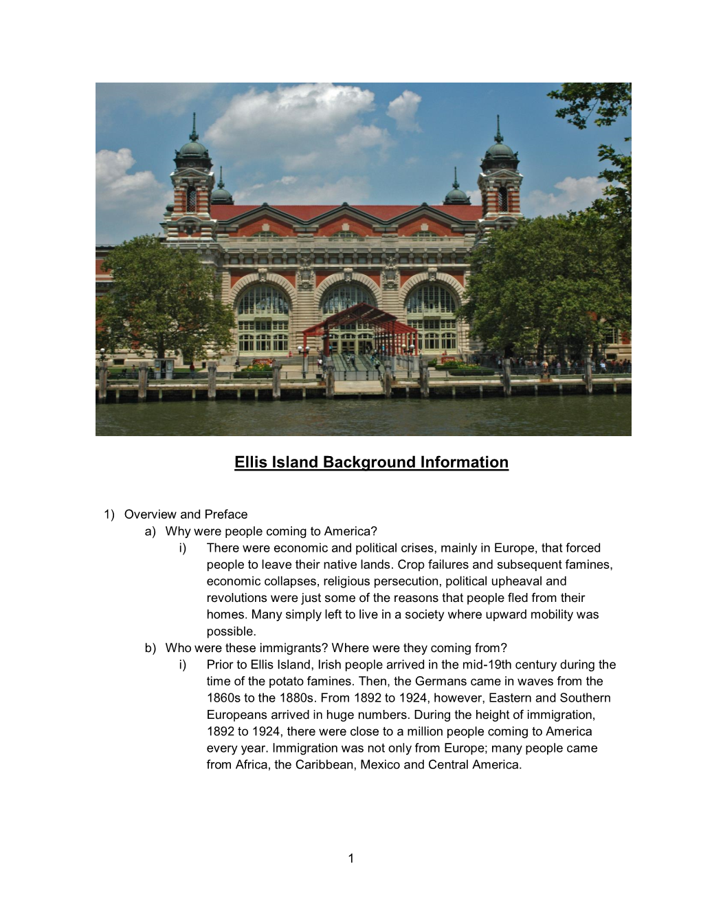 Ellis Island Background Information