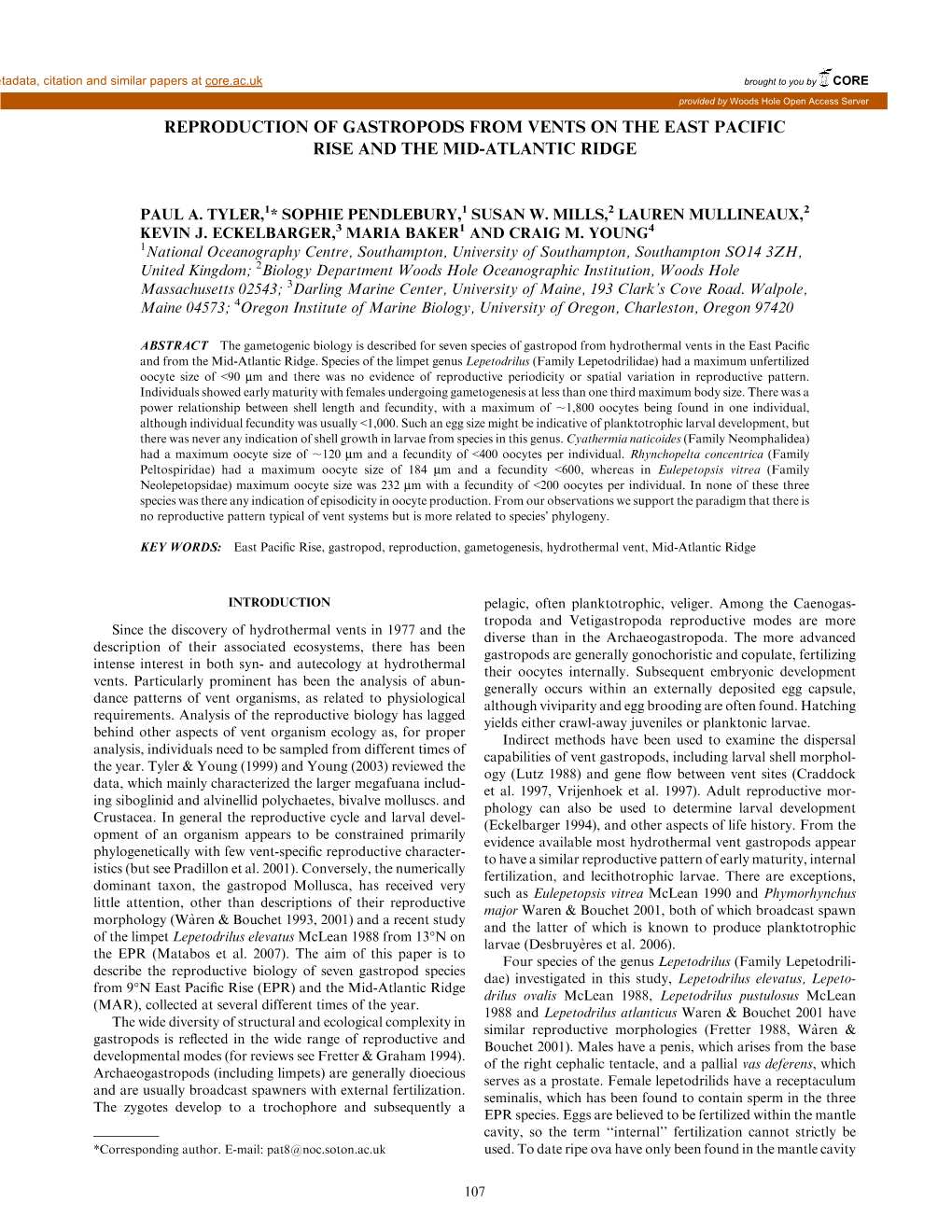 Reproduction of Gastropods from Vents on the East Pacific Rise and the Mid-Atlantic Ridge