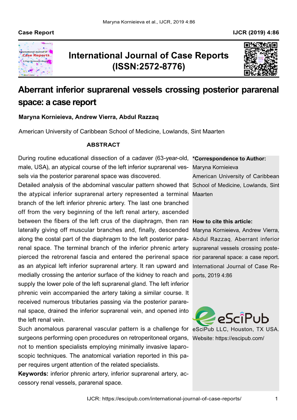 Aberrant Inferior Suprarenal Vessels Crossing Posterior Pararenal Space: a Case Report