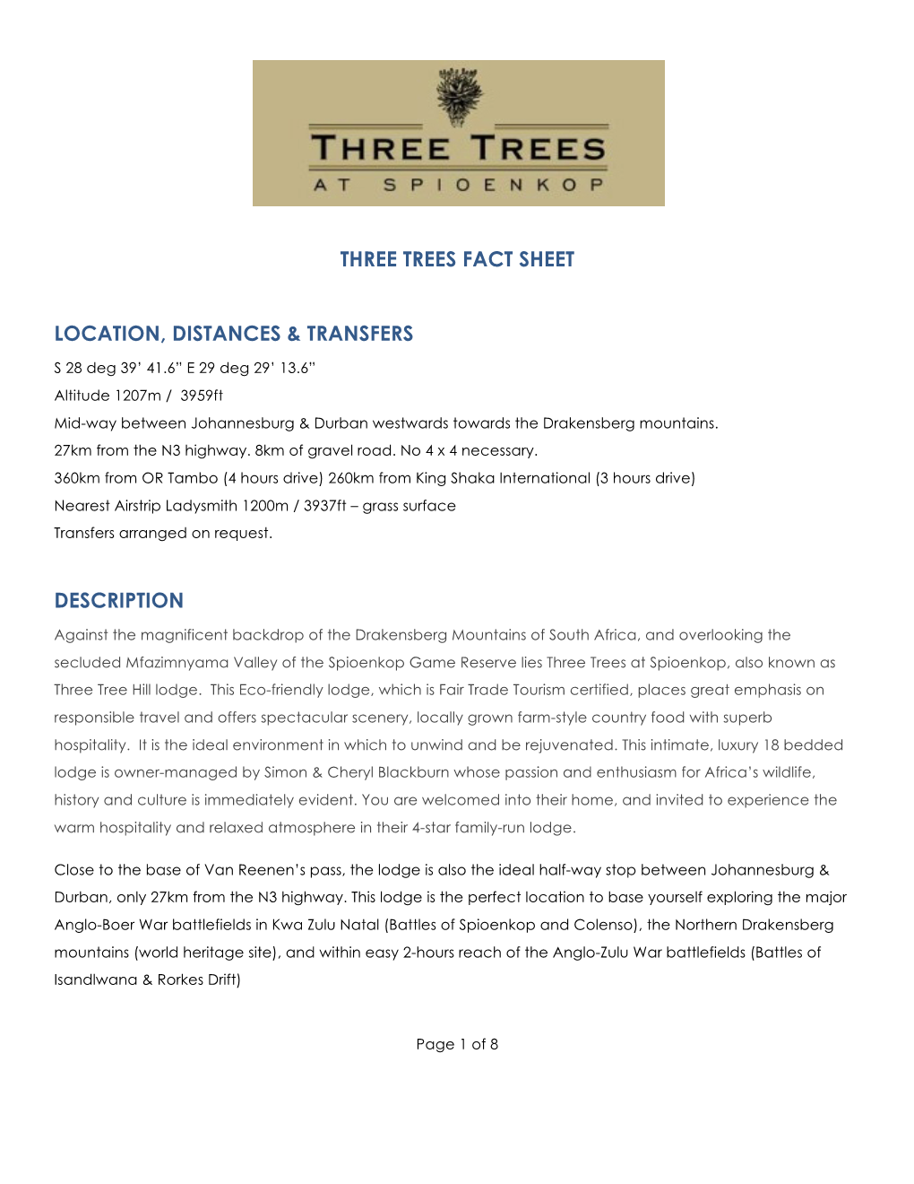 Three Trees Fact Sheet Location, Distances