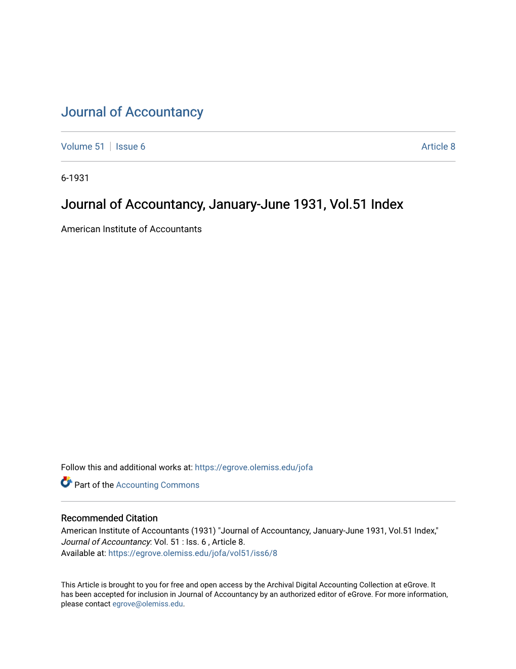 Journal of Accountancy, January-June 1931, Vol.51 Index