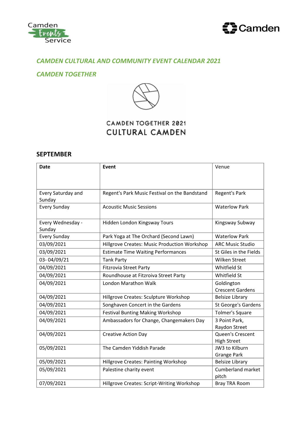 Camden Cultural and Community Event Calendar 2021 Camden Together