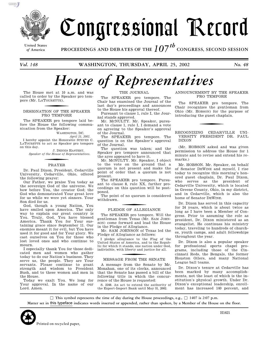 Congressional Record United States Th of America PROCEEDINGS and DEBATES of the 107 CONGRESS, SECOND SESSION