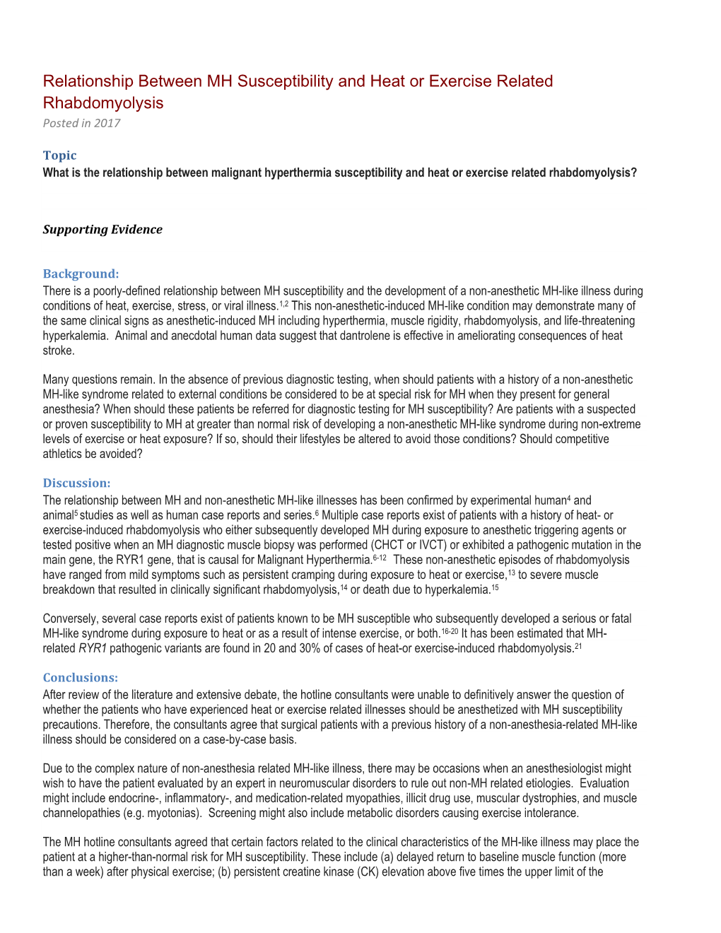 Relationship Between MH Susceptibility and Heat Or Exercise Related Rhabdomyolysis Posted in 2017