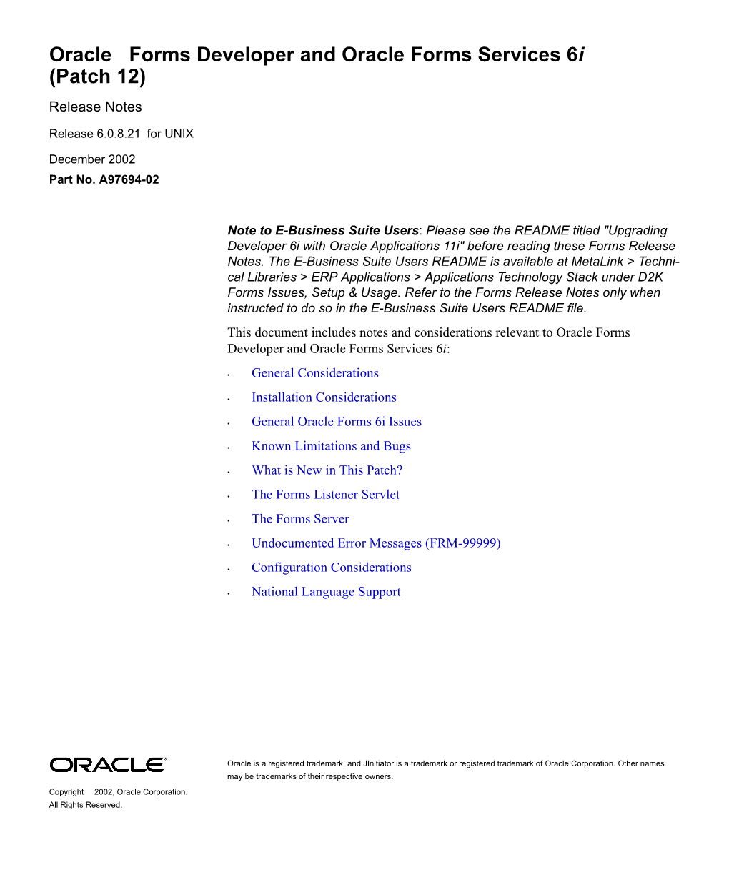 Forms Developer and Oracle Forms Services 6I (Patch 12) Release Notes
