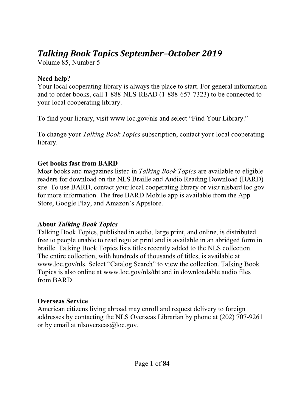 Talking Book Topics September-October 2019