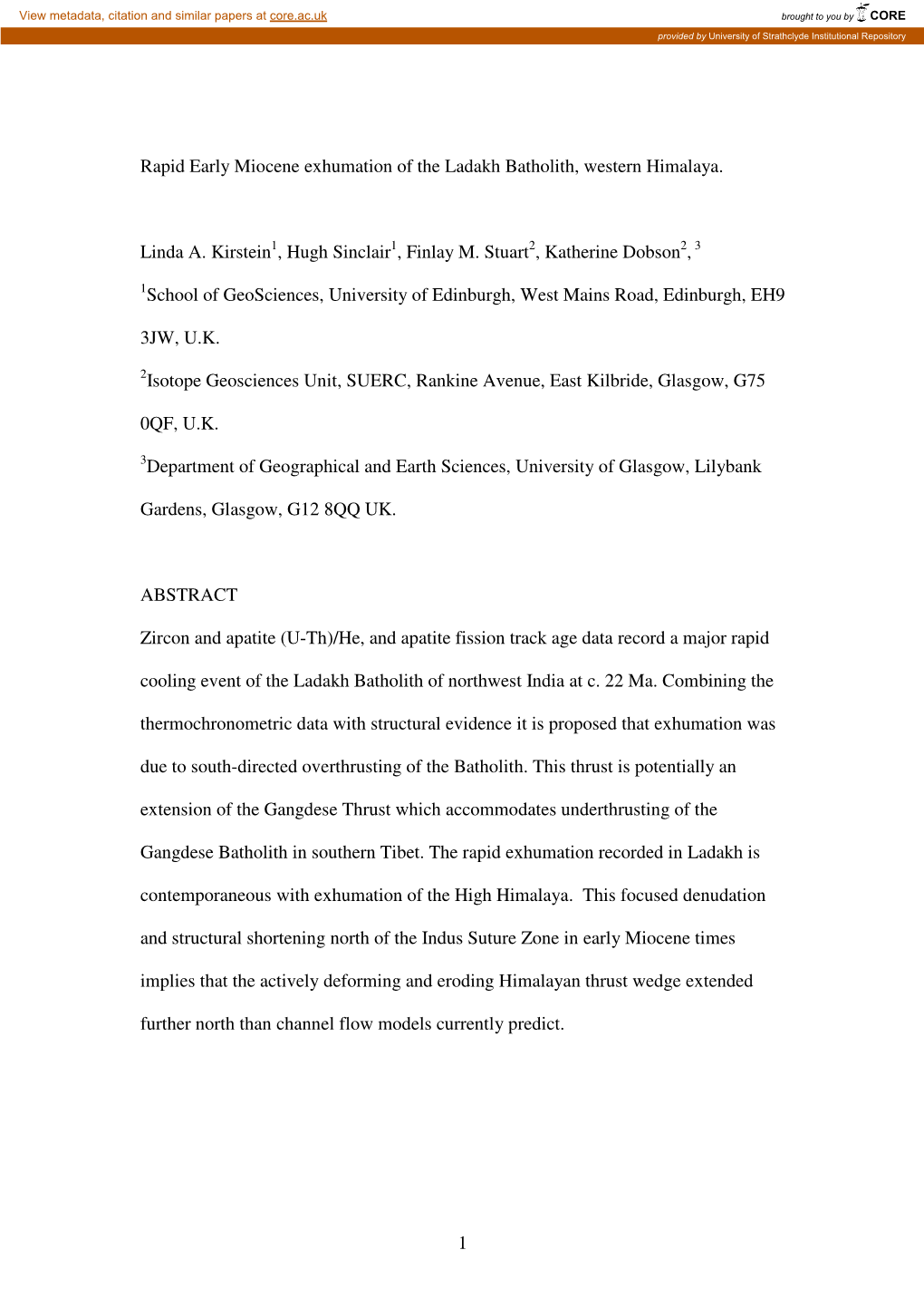 1 Rapid Early Miocene Exhumation of the Ladakh Batholith, Western