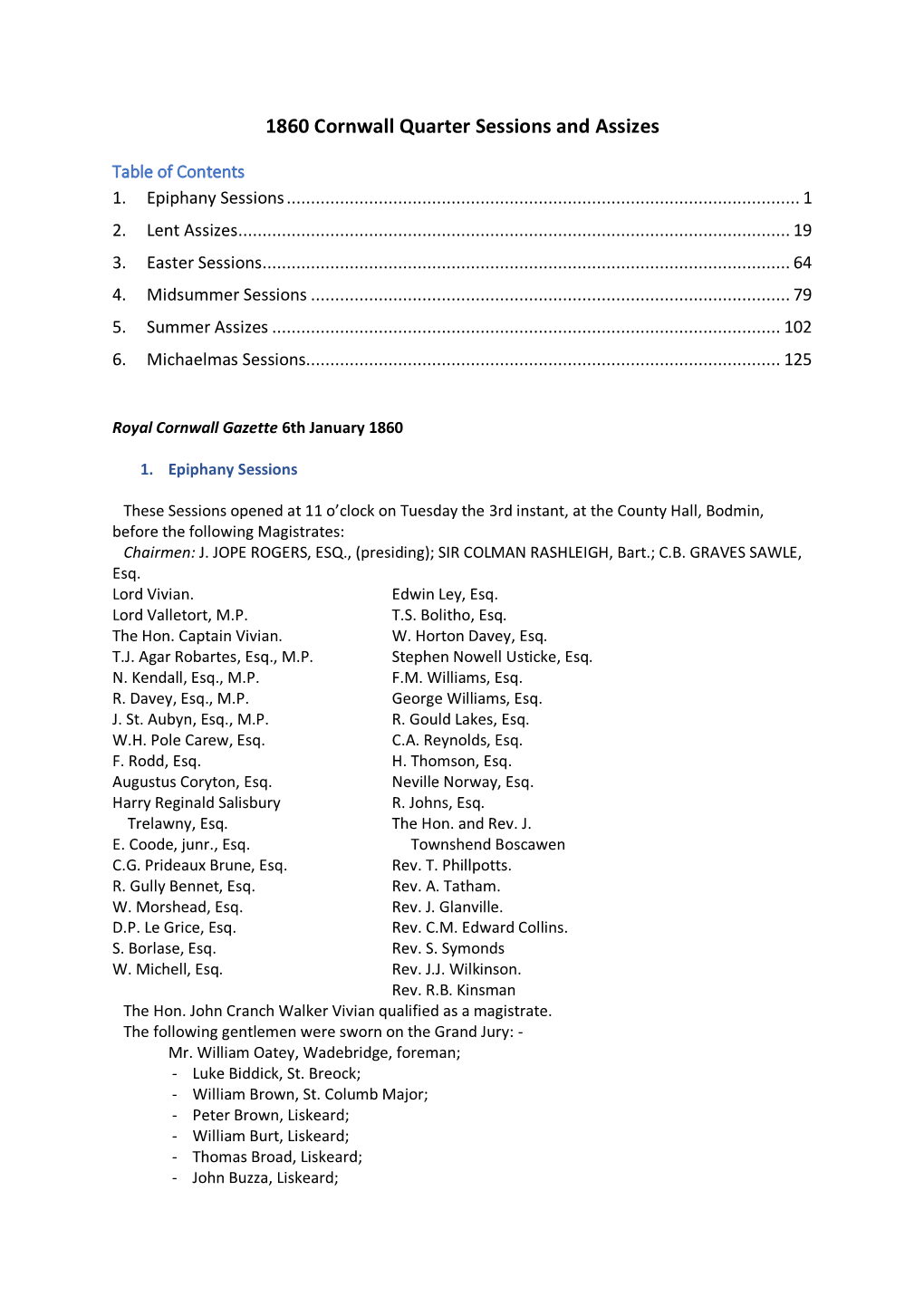 1860 Cornwall Quarter Sessions and Assizes