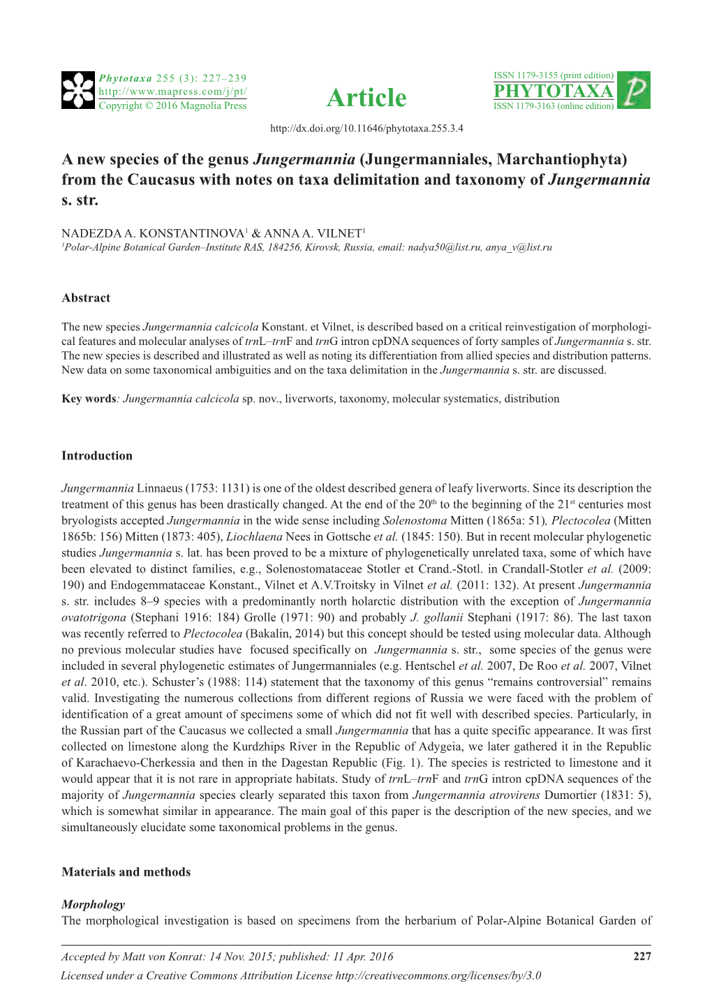 A New Species of the Genus Jungermannia (Jungermanniales, Marchantiophyta) from the Caucasus with Notes on Taxa Delimitation and Taxonomy of Jungermannia S