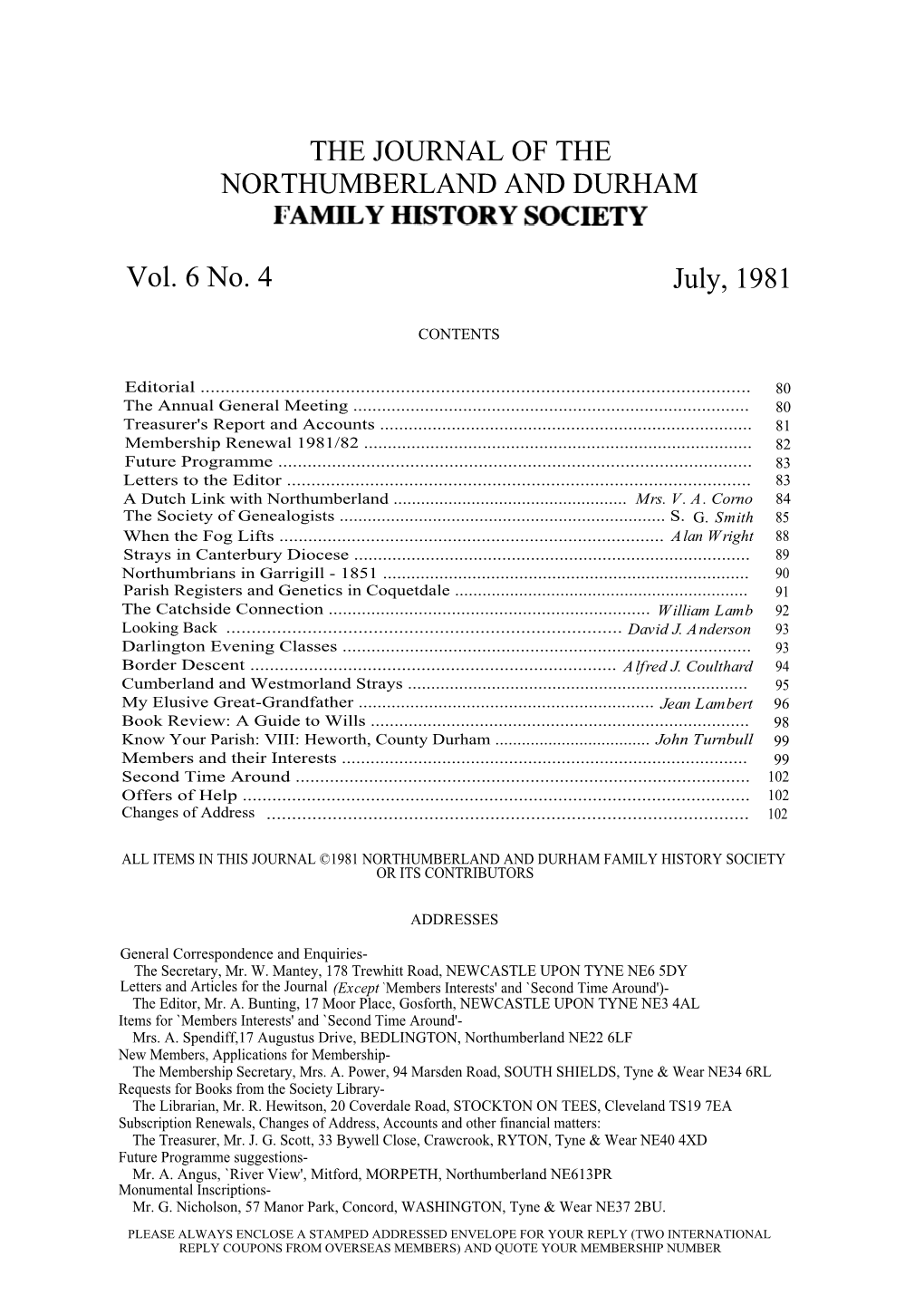 The Journal of the Northumberland and Durham Family History Society